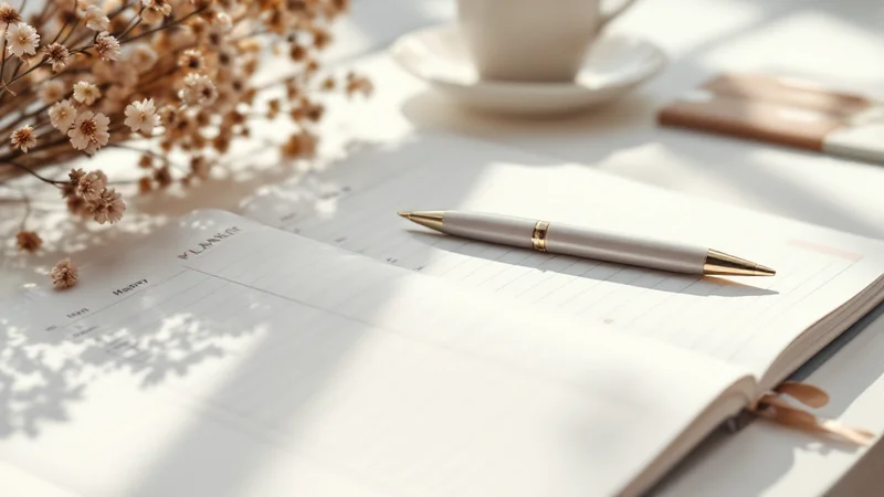白いテーブルの上に置かれたカレンダーとペン、日付を確認する様子を連想させるシンプルな構図