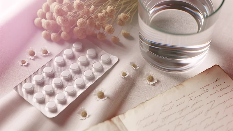 ピルのシート・カモミールの小花・水のグラス・手書きのノートが柔らかいリネンの上に並ぶ、温かみのあるピンクトーンの写真