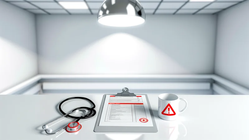 白い診察室に、警告マーク付きチェックリストを挟んだクリップボード・聴診器・マグカップが並ぶ医療デスクの写真