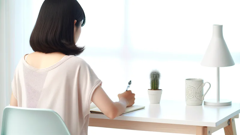 明るい部屋のデスクに向かって手帳に書き込む日本人女性の後ろ姿。サボテンとマグカップが置かれた自宅シーン