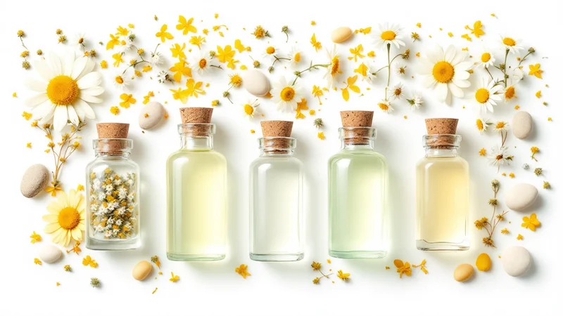 白い背景にコルク栓の透明ガラス瓶5本がカモミールの花と白い小石に囲まれて並ぶ。ピルの成分・種類の違いを象徴するフラットレイ