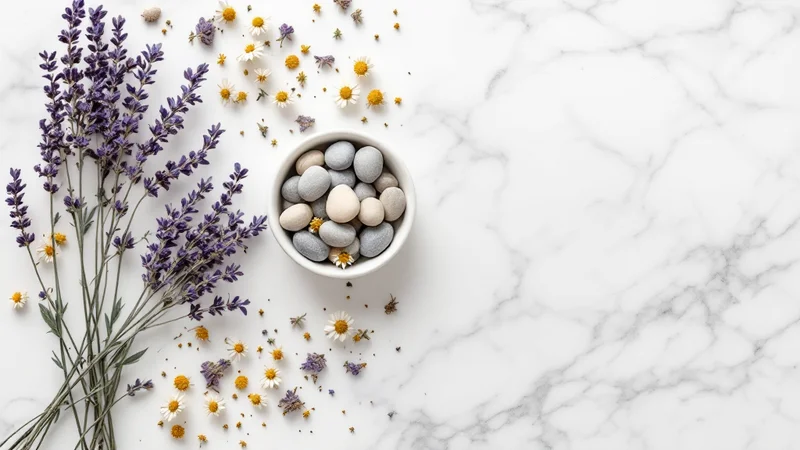 白い大理石の上にラベンダーの束・白磁の小皿に入った丸い石・カモミールの花が散らばるフラットレイ。婦人科ケアとナチュラルウェルネスのイメージ