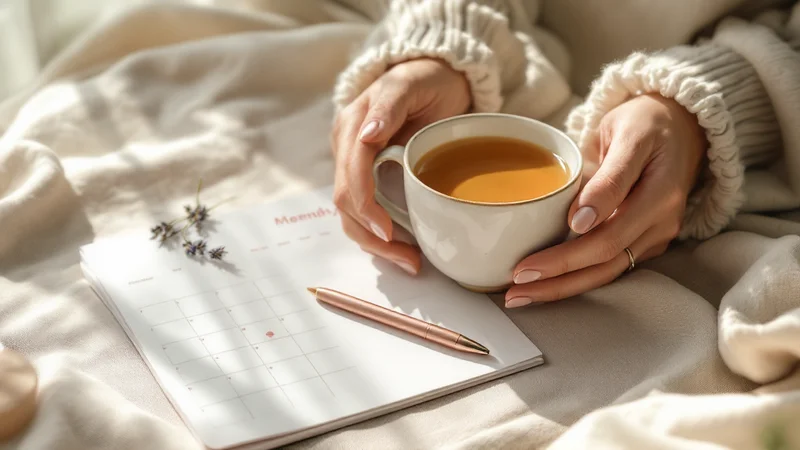 カレンダーに生理周期を書き込みながらマグカップのハーブティーを飲む手元。黄体期のイライラを意識するイメージ