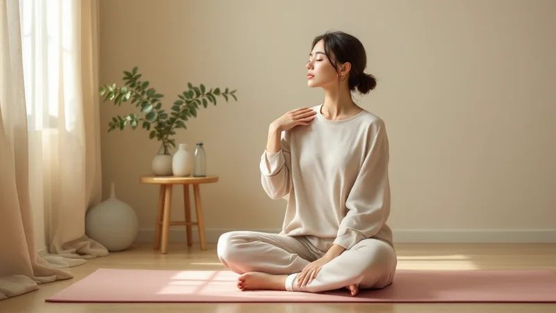 ヨガマットの上で穏やかにストレッチをする日本人女性。明るく爽やかな朝の部屋で生活習慣を整えるイメージ