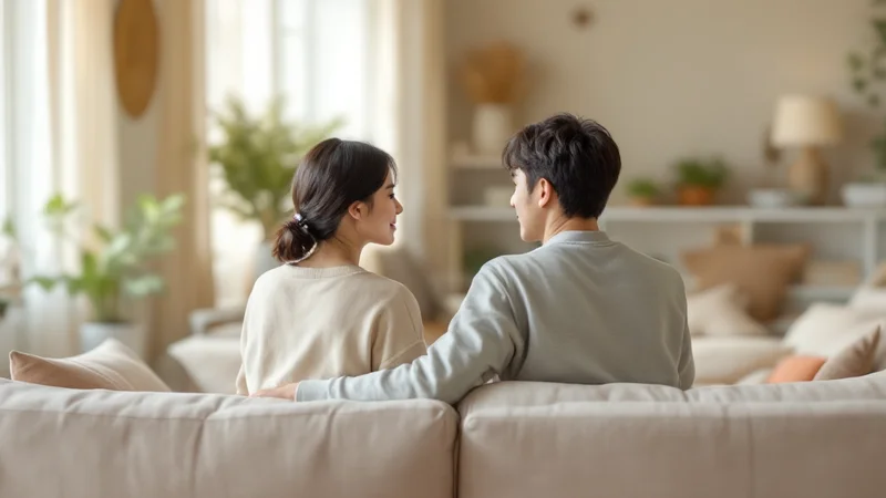 明るいリビングのソファで、寄り添って座りながら穏やかに話している30代前半の日本人カップルの後ろ姿