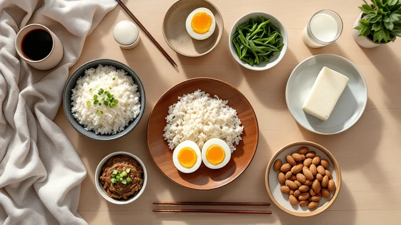 木のテーブルに並べられた和朝食。白いごはん、半分に切ったゆで卵、納豆、ゆでた小松菜、豆腐、アーモンド、牛乳のグラス