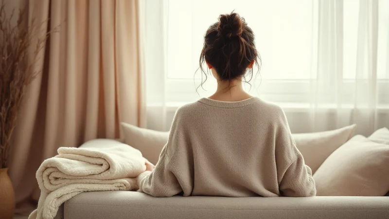 レースカーテン越しのやわらかな光が入るリビングで、ソファに腰かけて窓のほうを向いている女性の後ろ姿。隣にはたたんだ白いブランケットが置かれている