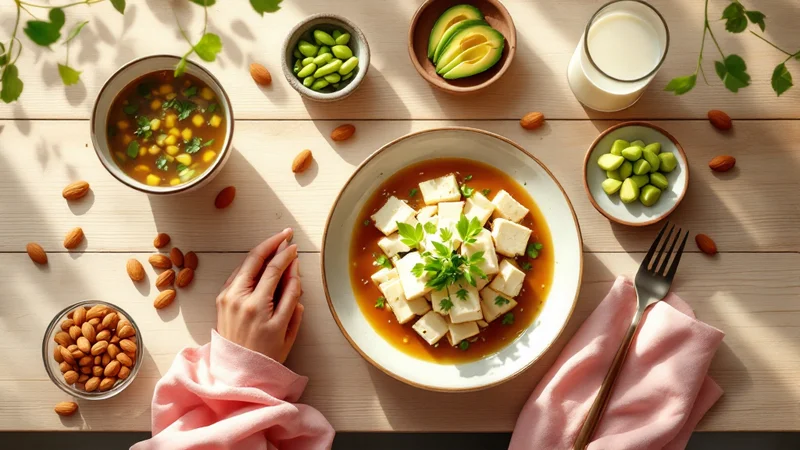 豆腐・味噌汁・枝豆・アボカド・豆乳・アーモンドが並ぶ大豆中心の健康的な食卓を上から見た写真