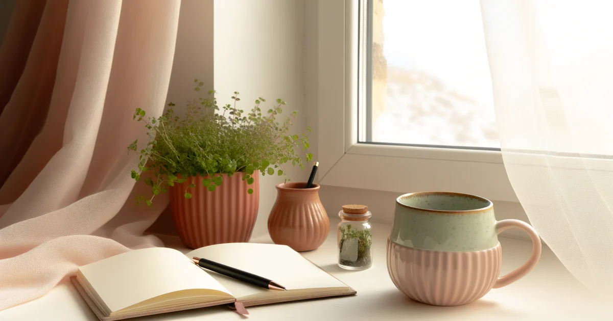 窓辺に置かれたマタニティ手帳と温かいハーブティー。妊娠初期の穏やかな日常のイメージ