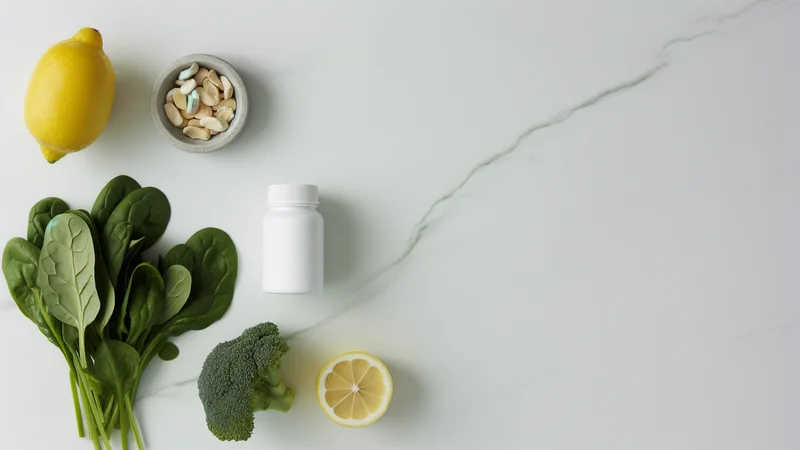 葉酸サプリと野菜が並ぶ健康的なテーブル。妊娠初期の栄養管理イメージ