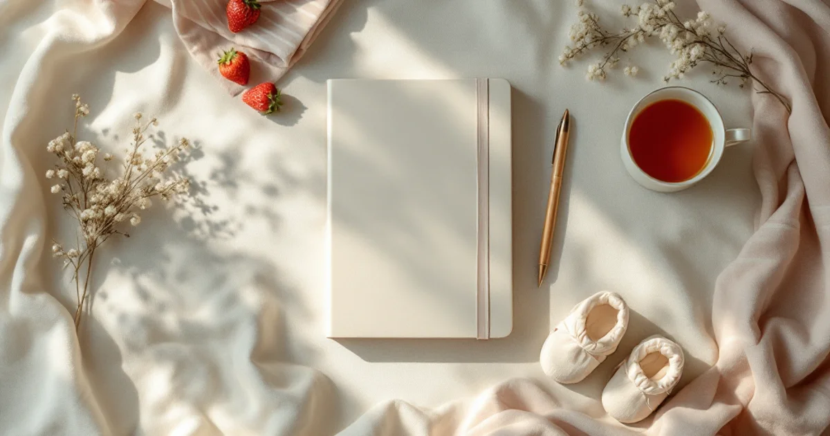 クリーム色の表紙のノートと小さなベビーシューズ、いちご、かすみ草、ハーブティーカップが並ぶ妊娠初期の準備を象徴するやわらかい自然光のフラットレイ