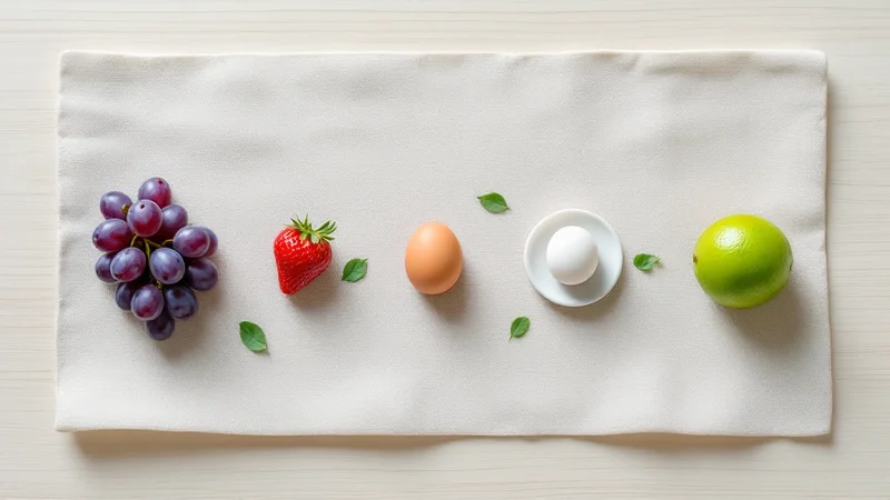 妊娠3ヶ月の赤ちゃんの成長段階を象徴する、ぶどう・いちご・卵・ライムが左から右へ大きさ順に並んだ淡いリネンクロスの上のフラットレイ