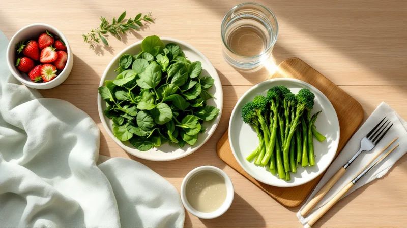木製テーブルに並ぶほうれん草・ブロッコリー・アスパラガス・いちごと水のグラス、葉酸を意識した妊娠初期のバランスの良い食事を象徴するフラットレイ