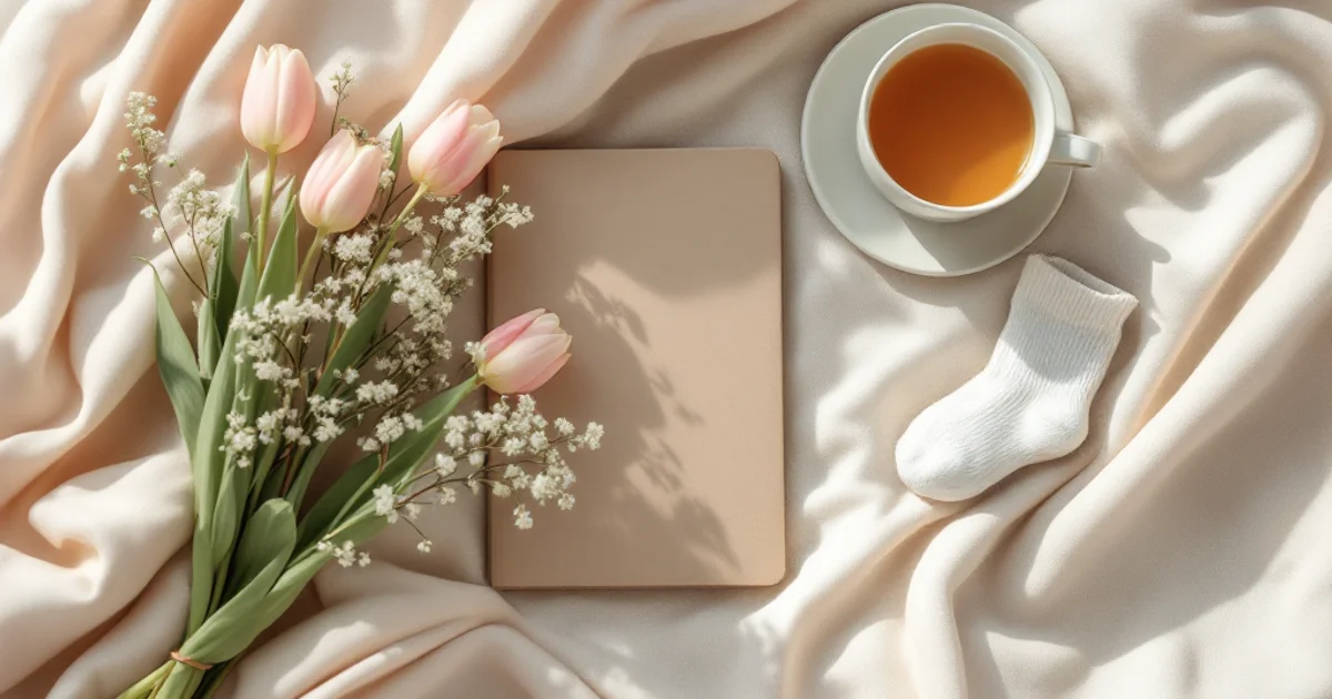 淡いオフホワイトのリネンクロスにマタニティノートと小さな白いベビーソックス、淡いピンクのチューリップと温かいハーブティーのカップが並ぶ妊娠4ヶ月のやわらかい朝の自然光のフラットレイ