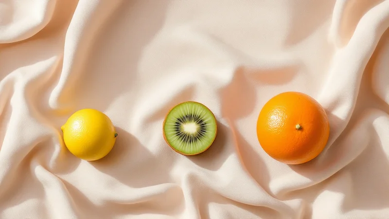 妊娠4ヶ月の赤ちゃんの成長段階を象徴する、レモン・キウイ・オレンジが左から右へ大きさ順に並んだ淡いリネンクロスの上のフラットレイ