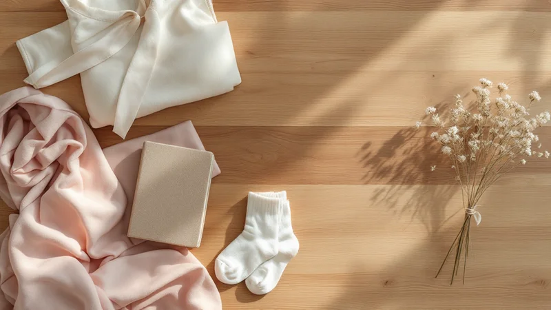 淡いピンクのマタニティウェアと白いベビーソックス、母子手帳と妊婦健診票が並ぶ妊娠4ヶ月の準備を象徴するナチュラルな木製テーブルのフラットレイ