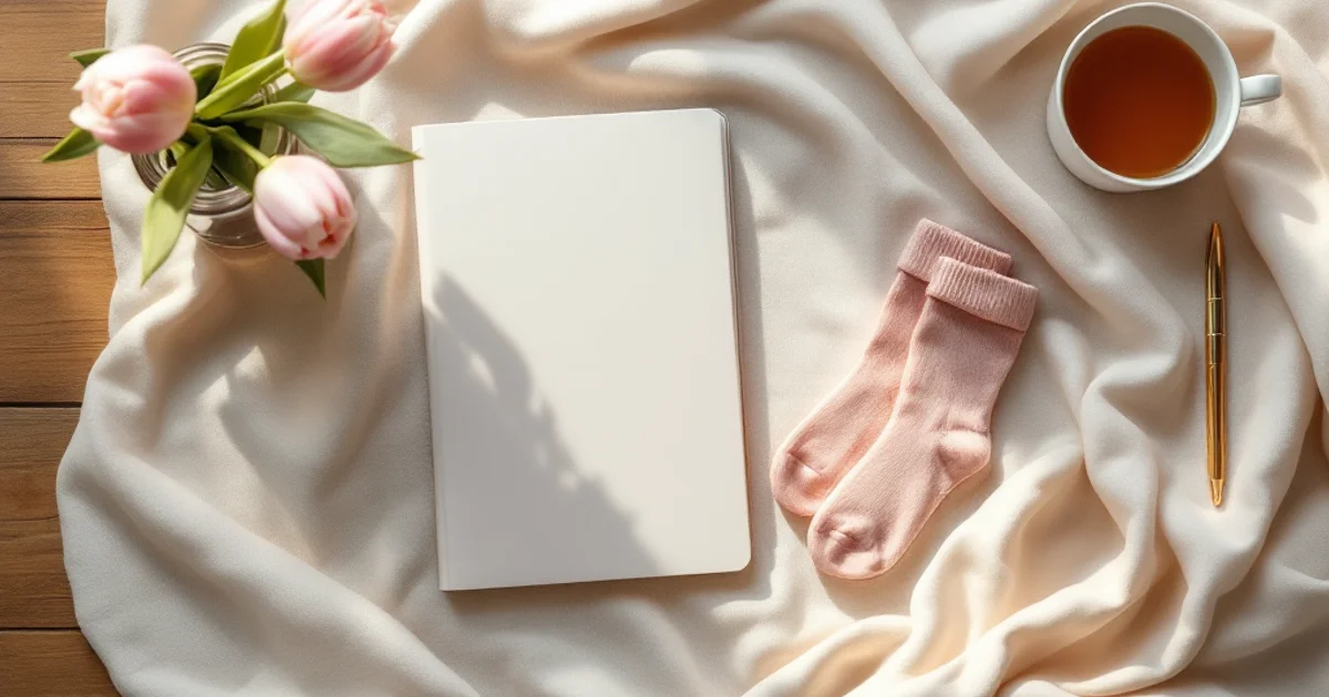 妊娠5ヶ月の安定期を象徴する、淡いクリーム色のリネンに白いマタニティノート、淡いピンクのベビーソックス、淡いピンクのチューリップ、ハーブティーのカップ、金色のペンが並ぶやわらかい朝の自然光のフラットレイ