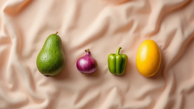 妊娠5ヶ月の赤ちゃんの成長段階を象徴する、アボカド・紫玉ねぎ・緑のピーマン・マンゴーが左から右へ大きさ順に並んだ淡いピンクベージュのリネンクロスの上のフラットレイ