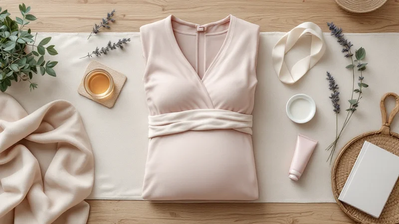 妊娠5ヶ月のマタニティ準備を象徴する、淡いピンクのマタニティドレスとアイボリーの腹帯、ラベンダーの枝、ピンクの妊娠線予防クリームのチューブが並ぶナチュラルな木製テーブルのフラットレイ