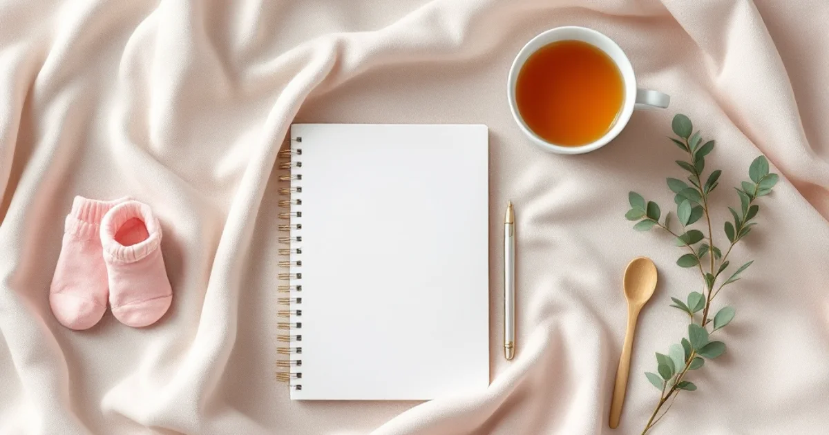 妊娠6ヶ月の安定期を象徴する、淡いピンクのリネンに白いマタニティノート、ベビー用の靴下、淡い緑のユーカリの枝、温かみのあるハーブティーが並ぶやわらかい朝の自然光のフラットレイ