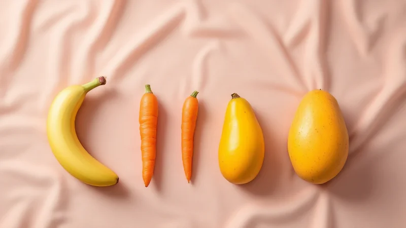 妊娠6ヶ月の赤ちゃんの成長段階を象徴する、バナナ・にんじん・パパイヤ・マンゴーが左から右へ大きさ順に並んだ淡いピンクベージュのリネンクロスの上のフラットレイ
