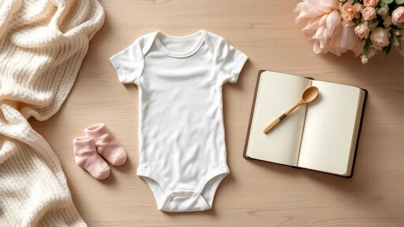 妊娠6ヶ月の出産準備を象徴する、ベビー用の白い肌着とおくるみ、淡いピンクのソックス、木製のベビースプーン、出産準備リストを書いた手帳とペンが並ぶナチュラルな木製テーブルのフラットレイ