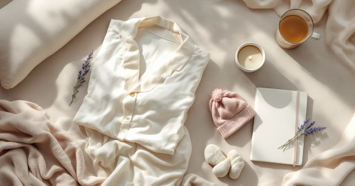 妊娠7ヶ月のマタニティライフを象徴する、淡いベージュのリネンに広げられた白いマタニティウェア、ベビー用の小さな帽子と靴下、淡いラベンダーのドライフラワー、抱き枕の角と温かいカモミールティーが並ぶやわらかい朝の自然光のフラットレイ