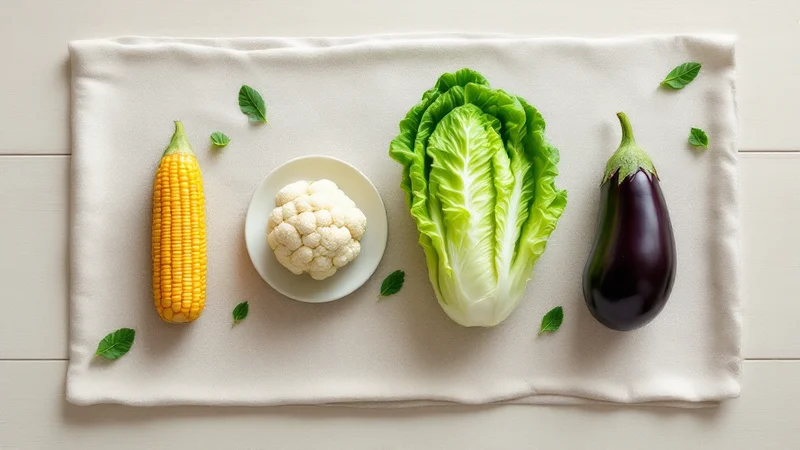 妊娠7ヶ月の赤ちゃんの成長段階を象徴する、とうもろこし・カリフラワー・レタス・ナスが左から右へ大きさ順に並んだ淡いベージュのリネンクロスの上のフラットレイ
