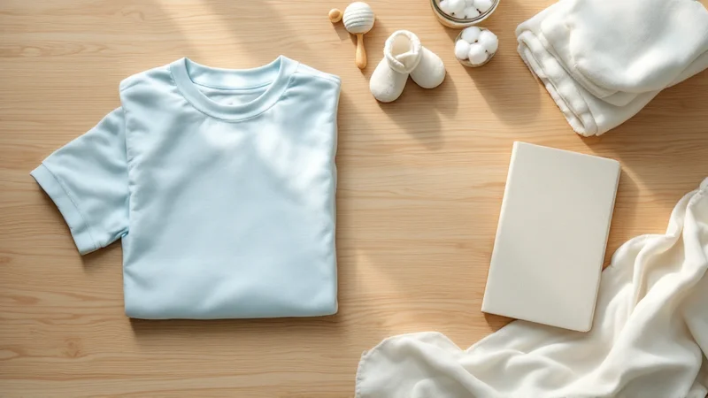 妊娠7ヶ月の出産準備を象徴する、淡い水色のベビー用肌着、木製のがらがら、白いベビーブーティ、コットンボールの小皿、ふわっと折りたたまれた白いおくるみ、入院準備リスト用のアイボリーのノートが並ぶナチュラルな木製テーブルのフラットレイ