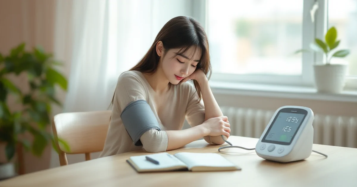 自宅の窓辺で家庭用血圧計を腕に巻き、表示画面を静かに見つめる30代前半の日本人女性