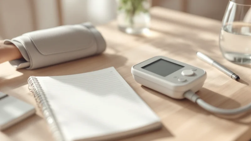 上腕式の家庭用血圧計と記録用のノート、ペン、水の入ったグラスが並ぶ明るい木のテーブル