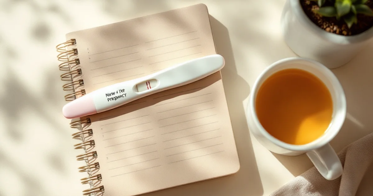 妊娠検査薬スティック・週間手帳・ハーブティーカップが並ぶフラットレイ。妊娠検査薬の使い方と判定ガイドのイメージ