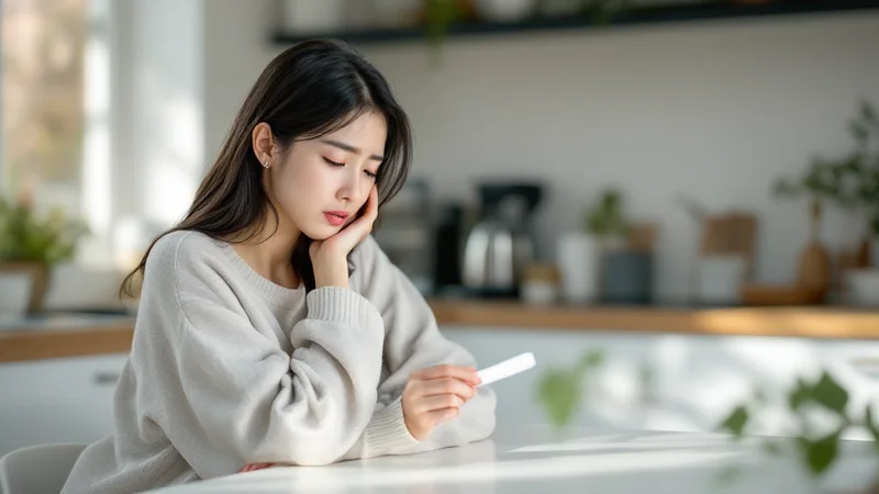 明るいキッチンテーブルで妊娠検査薬を手に持ち結果を確認する20代後半の日本人女性。朝の自然光が差し込む穏やかなシーン
