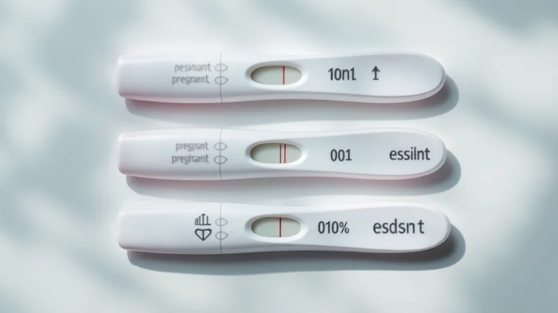 白い平面に複数の妊娠検査薬スティックが整然と並ぶフラットレイ。陽性・陰性など異なる判定ラインの比較イメージ