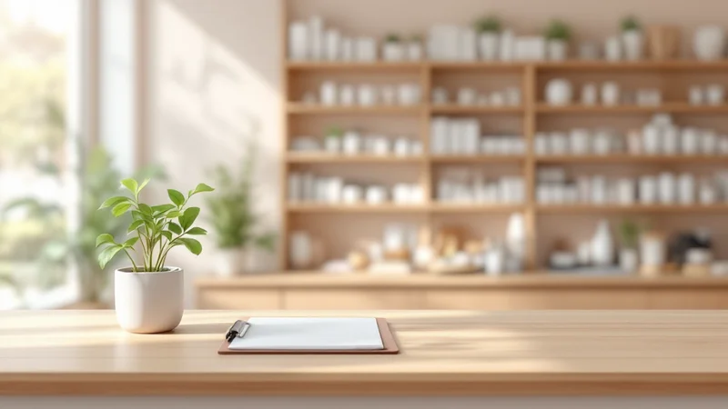 観葉植物とクリップボードが置かれた、明るい薬局のカウンター