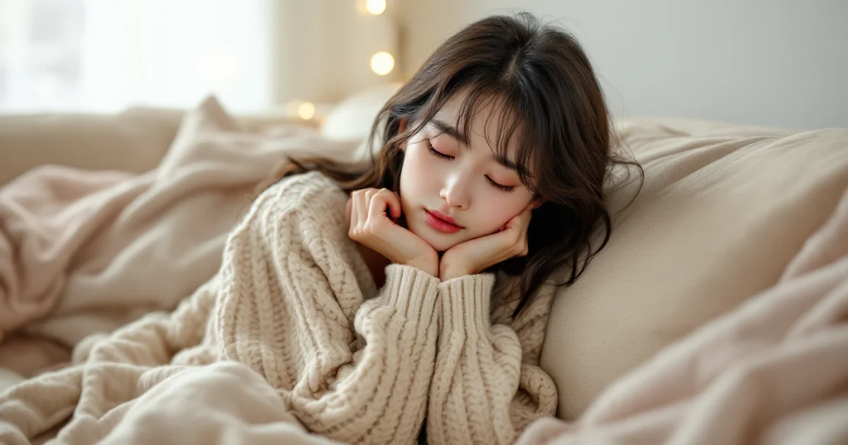 生理前の不調で目を閉じ両手に頬をのせてソファで安らぐ20代日本人女性