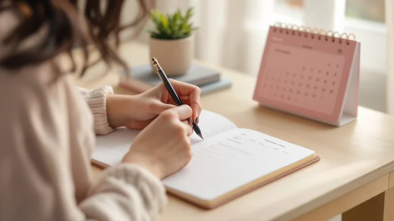 ピンクの卓上カレンダーの横で生理周期の記録ノートに書き込む女性の手元