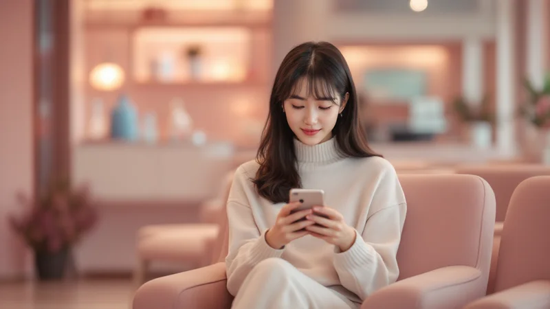 ピンク基調の婦人科クリニック待合室でスマートフォンを見ながら順番を待つ穏やかな表情の20代日本人女性