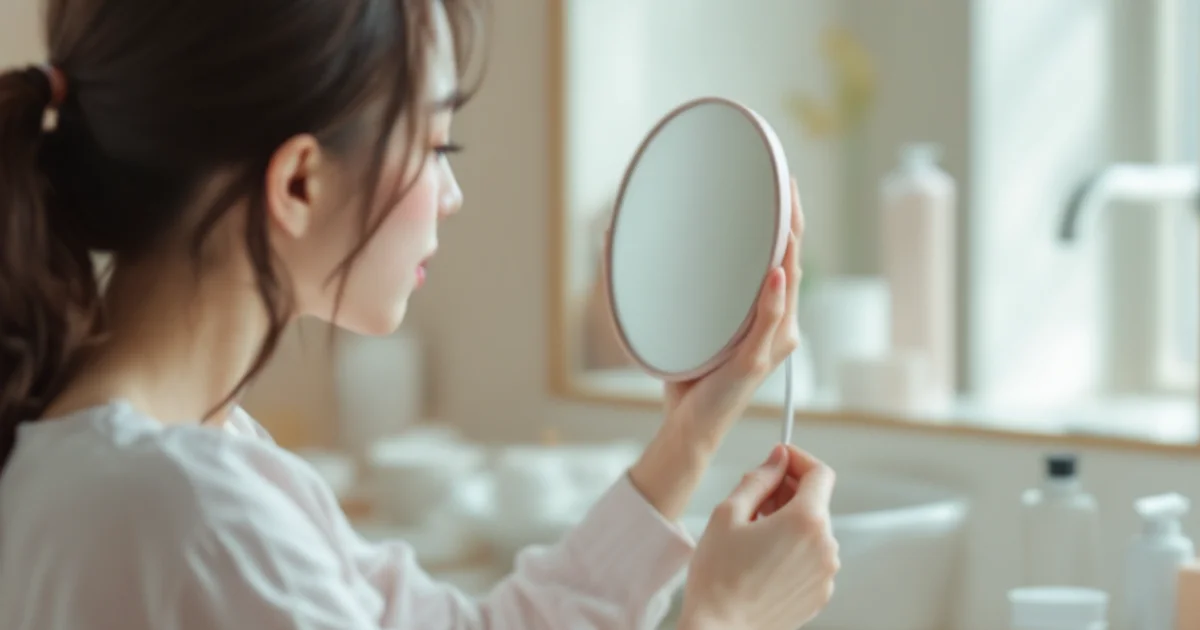 顎にできたニキビを気にして鏡を見る20代日本人女性