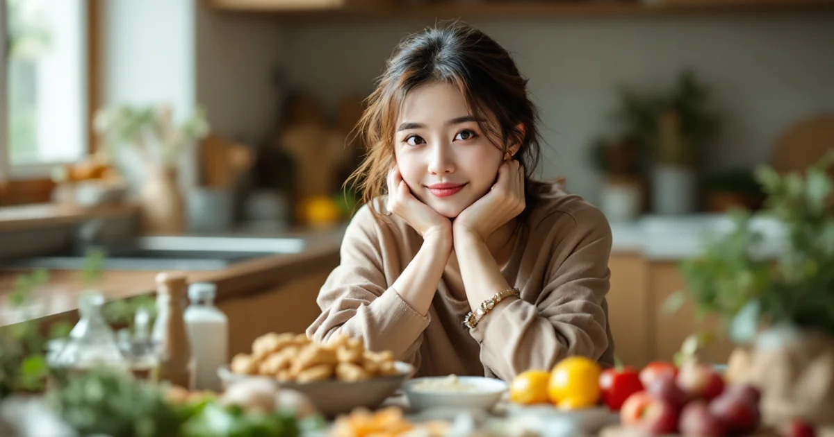 キッチンのテーブルに頬杖をついて座り、前に並んだ食事を見つめる20代の日本人女性