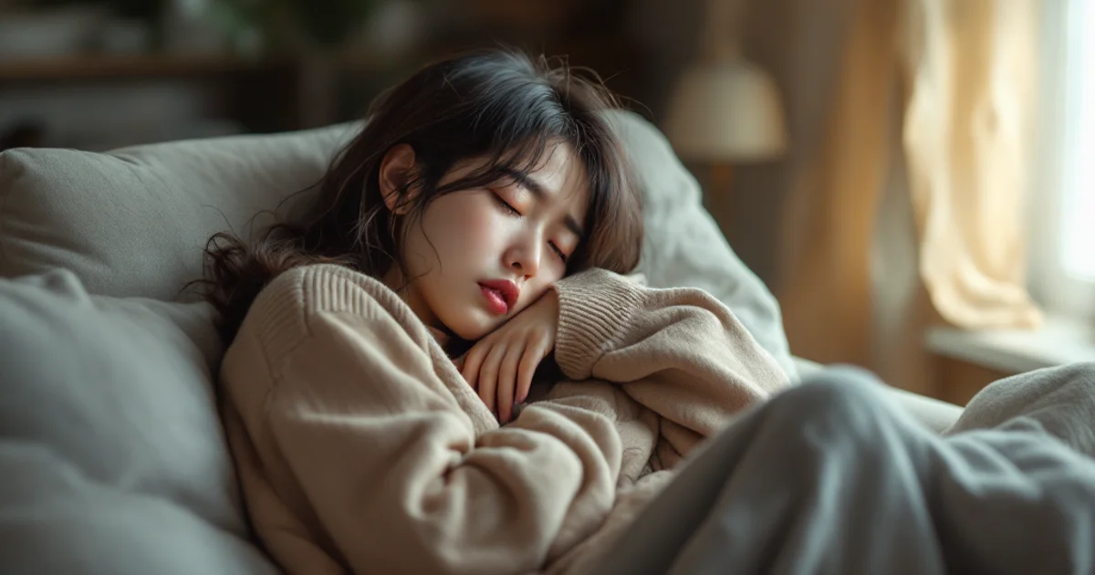 生理前のだるさや不快感でソファに横になって目を閉じて休んでいる20代日本人女性