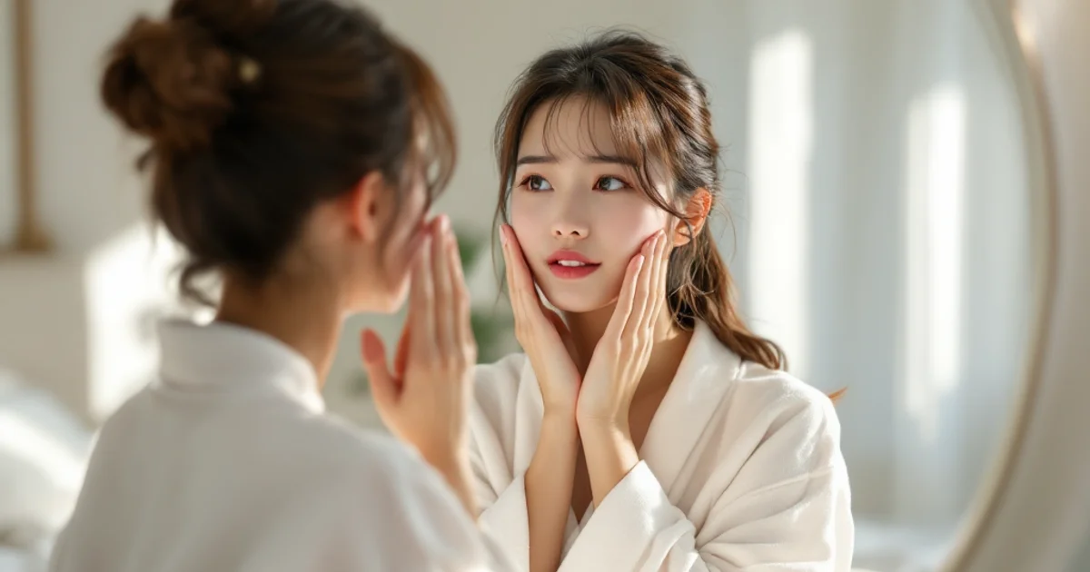 生理前の顔むくみが気になり鏡の前で両手で頬に触れ確認している20代日本人女性