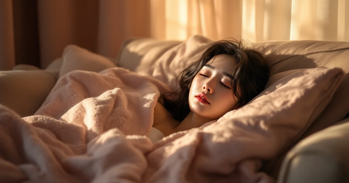 ソファでブランケットにくるまって目を閉じる日本人女性。生理前の眠気・倦怠感をあらわす穏やかな室内シーン