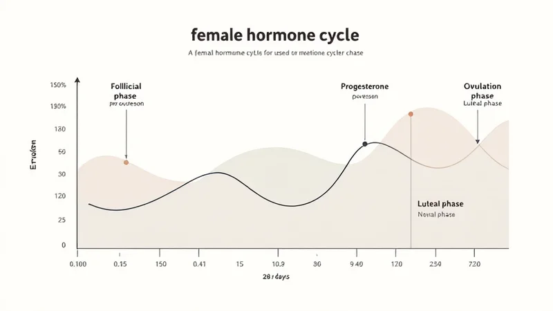 エストロゲンとプロゲステロンの変動曲線を示す生理周期グラフ。卵胞期・排卵期・黄体期のラベルがついたミニマルなインフォグラフィック