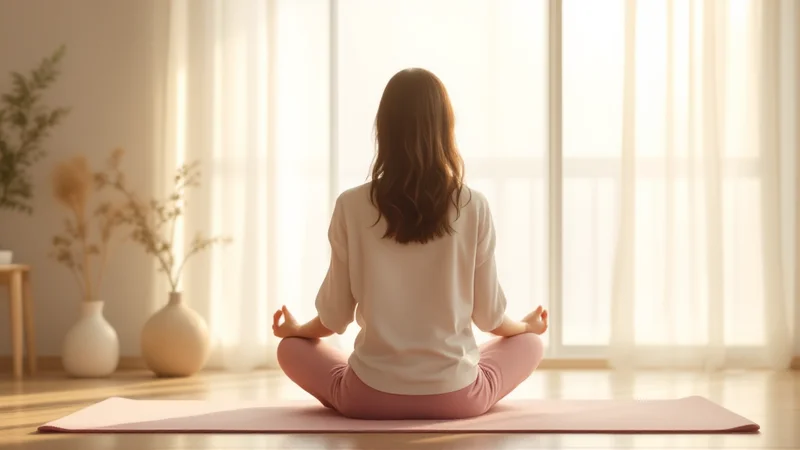 ヨガマットの上で後ろ姿で座禅を組む日本人女性。窓から差し込む朝の光の中で瞑想するセルフケアのシーン