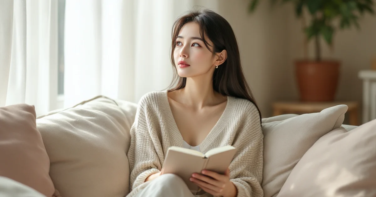20代後半から30代の女性が明るいリビングのソファで本を開いたまま手を止め、窓の外に視線を向けて考えごとをしている様子