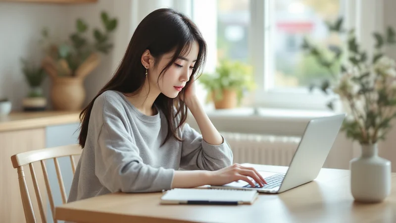 20代後半から30代の女性が自宅のダイニングテーブルでノートパソコンに向かい、開いたノートとペンを手元に置いて真剣に調べものをしている様子