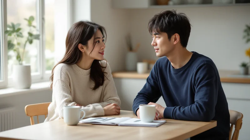 20代後半から30代の夫婦が自宅のダイニングテーブルで向かい合い、開いたノートとマグカップを前に穏やかに話し合っている様子