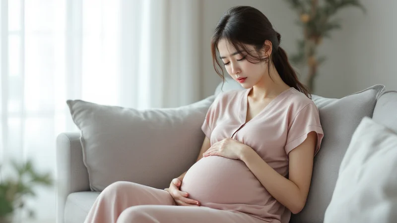 明るいリビングのソファに腰かけ、くすみピンクの部屋着姿でお腹に両手をそえ、視線を落としてつらそうな表情をしている20代後半から30代前半の日本人の妊婦