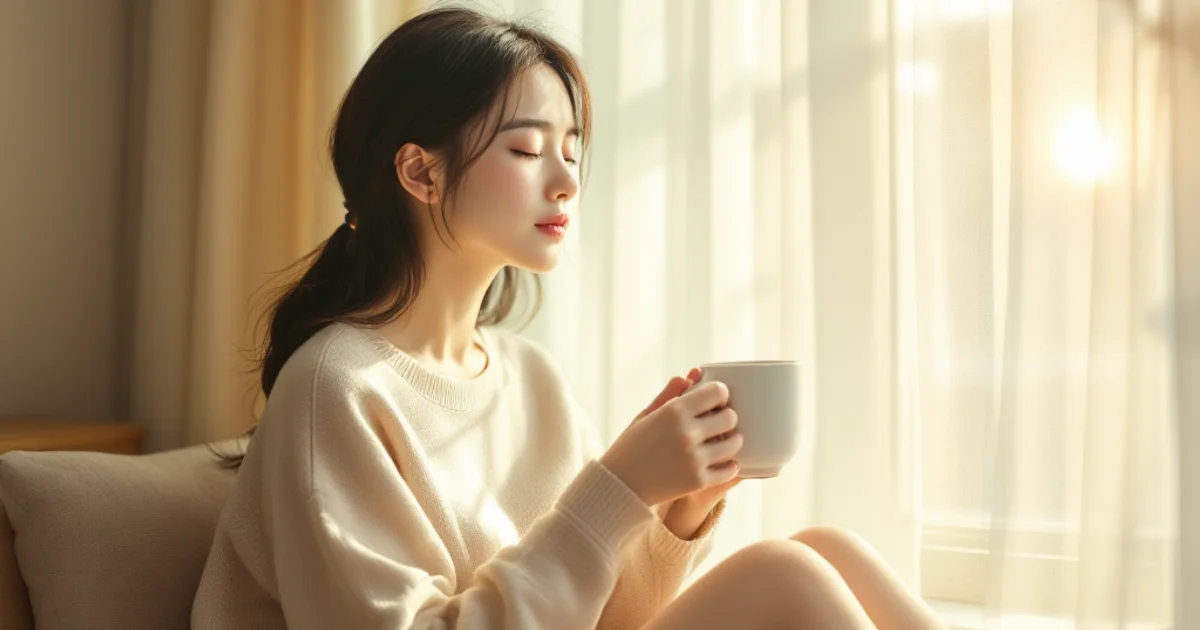 窓辺で温かい飲み物を手にやすらぐ日本人女性。プロゲステロンが支える穏やかな高温期と妊娠サポートのイメージ